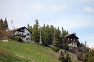 A house on the side of a hill with trees in front.