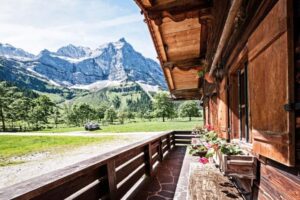 A balcony with flowers and mountains in the background